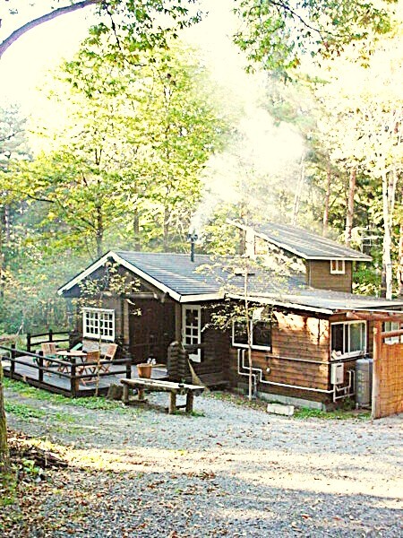 薪ストーブからの煙が見える初秋のログ